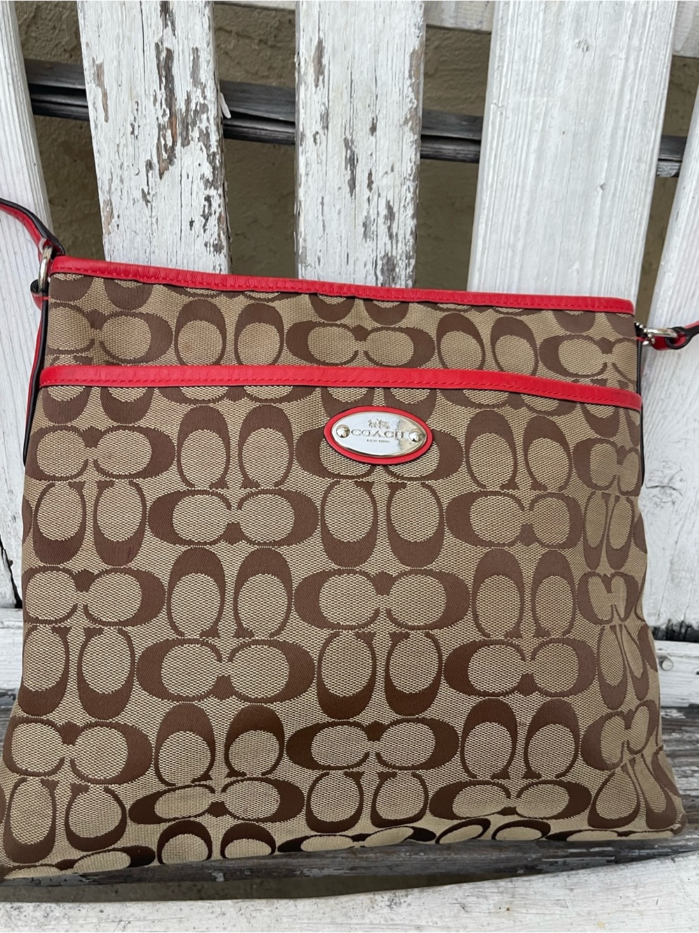 Coach Signature File Crossbody Bag F36378 Khaki Monogram Red Trim Shoulder Purse